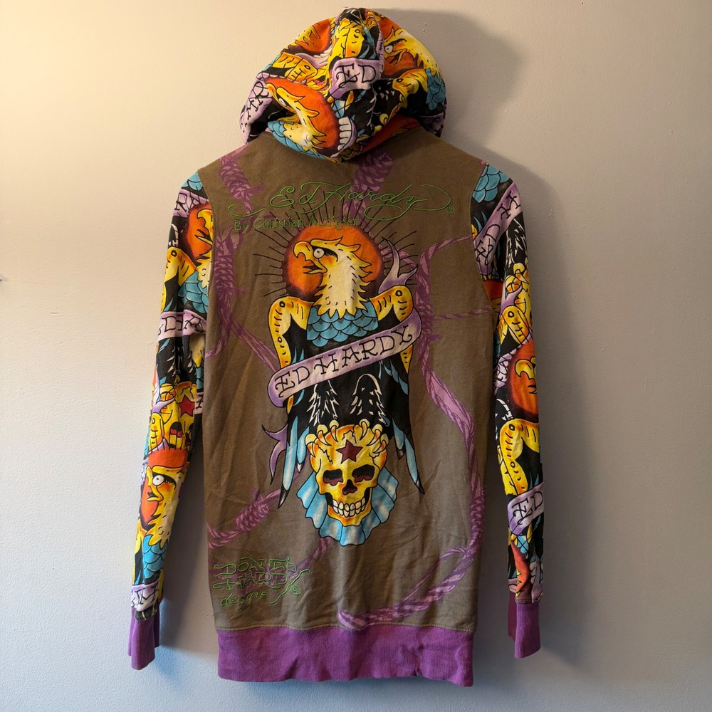 Ed Hardy Christian Audigier Mens Eagle Skull Tattoo Zip Up Hoodie Brown Small